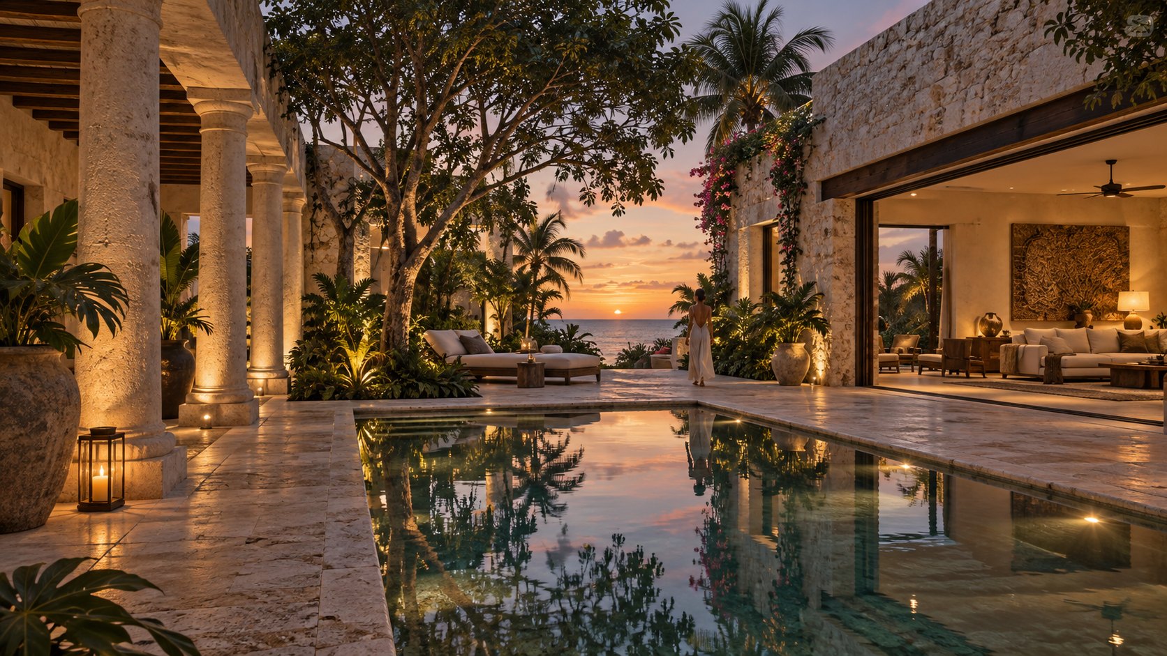 Conceptual private courtyard at sunset