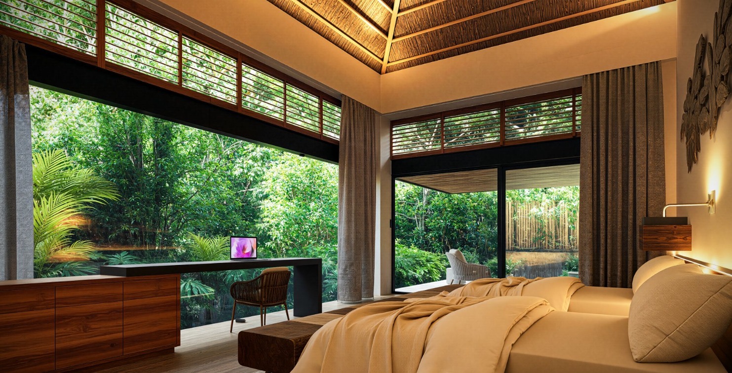 Bedroom design render overlooking tropical garden