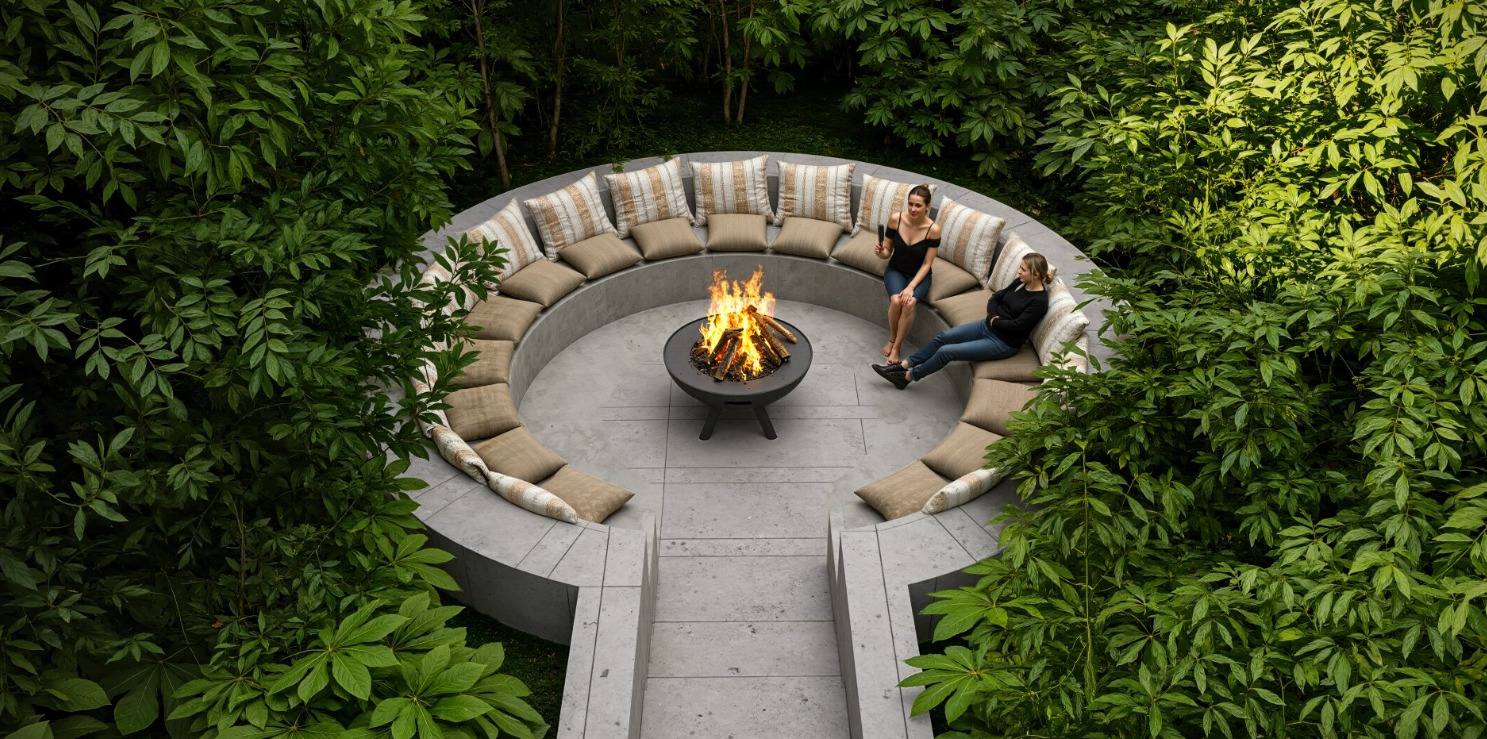 Circular outdoor gathering area design render