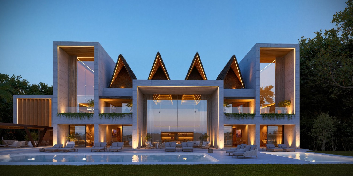 Architectural render of The First Estate exterior at dusk